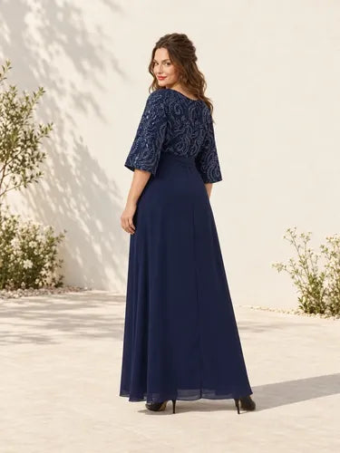Vestido largo azul bordado escote V para fiesta