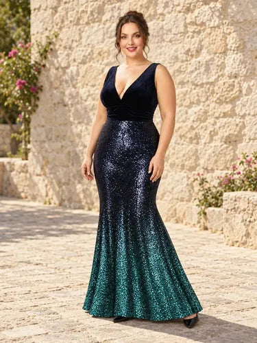 Vestido largo de fiesta lentejuelas azul corte sirena