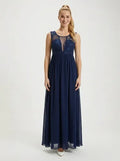 Vestido largo azul gasa con transparencia