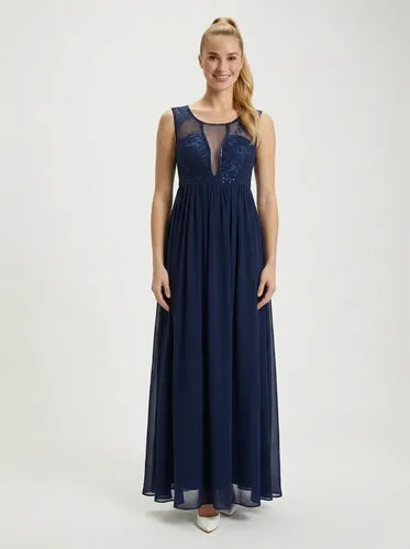 Vestido largo azul gasa con transparencia