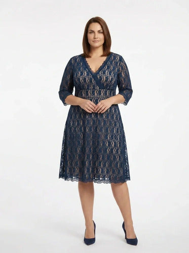 Vestido corto azul encaje talla grande, corte imperio