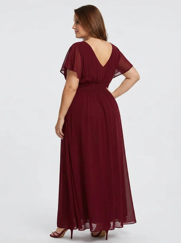 Vestido largo de fiesta evasé en gasa con manga corta