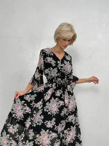 Vestido Largo Gasa Con Flores Vintage Femenino Vd 117