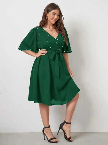 Vestido Fiesta Talla Grande Gasa Con Perlas Manga Vg 100