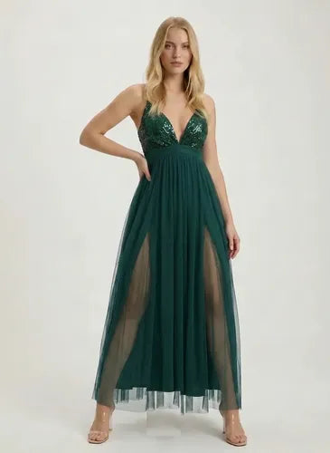 Vestido largo multicolor tul y lentejuelas evasé