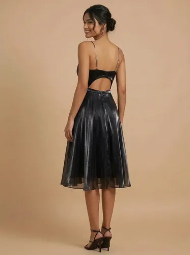 Vestido corto negro y verde organdí línea A