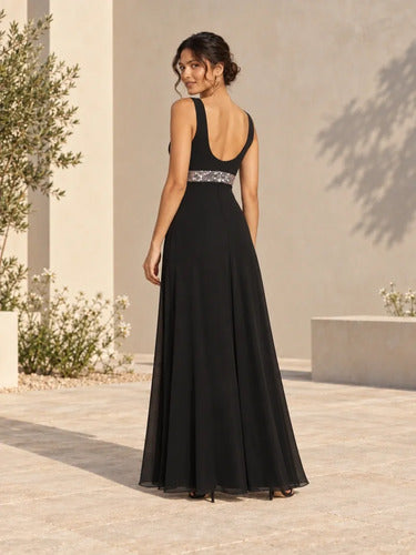 Vestido largo negro y violeta en gasa escote V