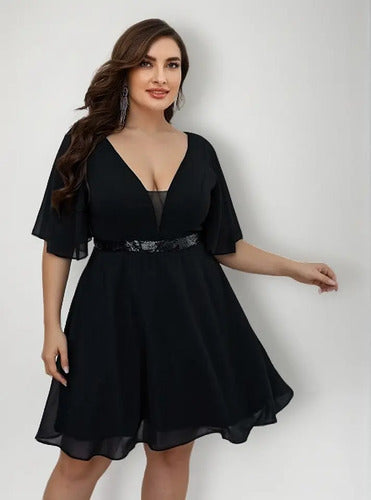 Vestido Fiesta Gasa Lentejuela Talla Grande Escote Vg 93