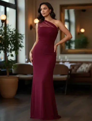 Vestido largo burdeo mesh asimétrico ajustado M