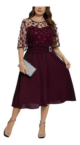 Vestido Fiesta Talla Grande Cuello Redondo Mangas