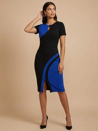 Vestido midi bodycon blanco y negro cuello redondo