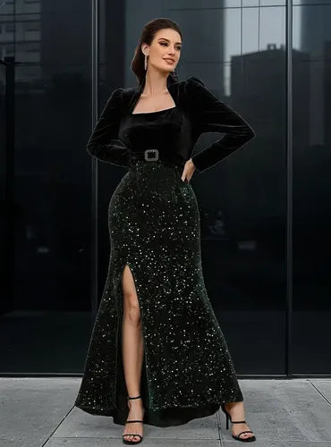 Vestido Fiesta Largo Lentejuelas Terciopelo Mangas Ep 422 Negro S