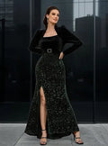 Vestido Fiesta Largo Lentejuelas Terciopelo Mangas Ep 422 Negro S