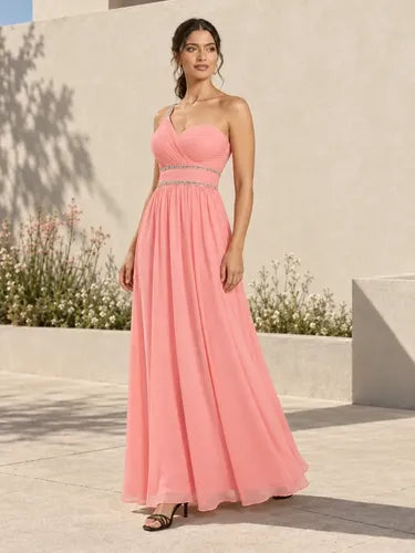 Vestido largo de fiesta gasa rosa escote corazón