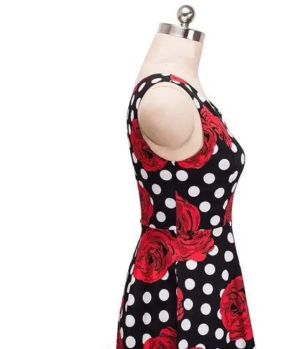 Vestido Vintage Pin Up Negro Flores Rojas Años 50  Va 419