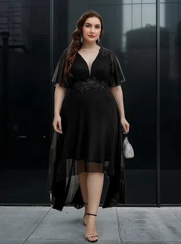 Vestido Fiesta Manga Talla Grande Vg 104 Negro 3xl