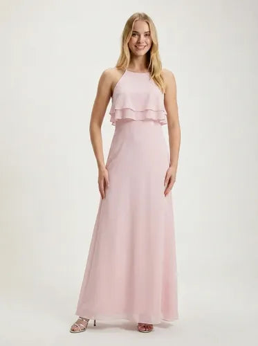 Vestido largo rosa evasé hombros descubiertos