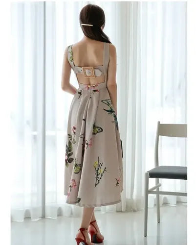 Vestido Estampado Forrado Espalda Descubierta Calidad Vd 87 Beige Xl