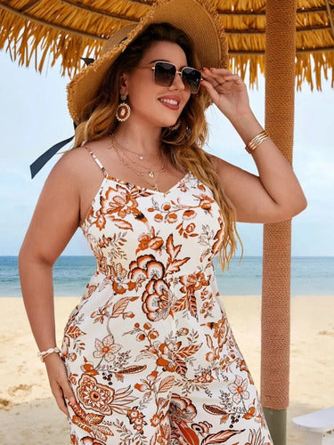 Entero Jumpsuit Mono Estampado Talla Grande Vg 210 Naranja Claro Xl