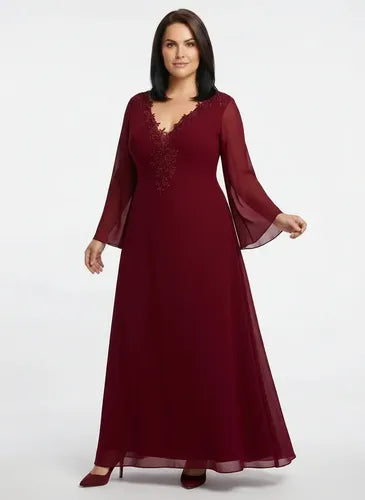 Vestido largo de fiesta en gasa azul y bordó