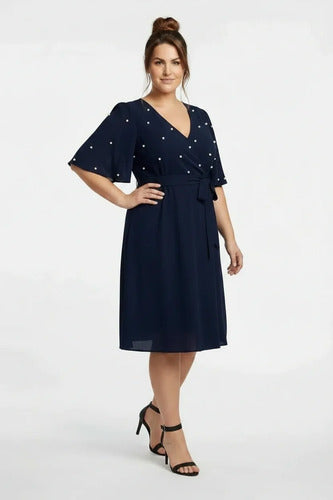 Vestido corto multicolor gasa con perlas evasé talla grande