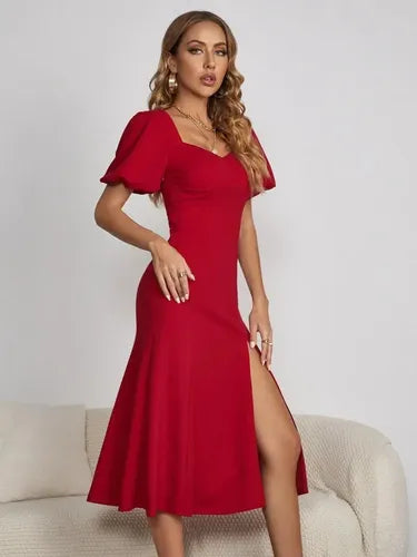 Vestido Ajustado Largo Vintage Manga Farol  Va 496 Rojo S