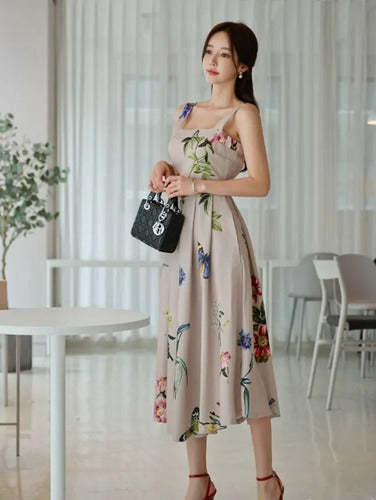 Vestido Estampado Forrado Espalda Descubierta Calidad Vd 87 Beige Xl