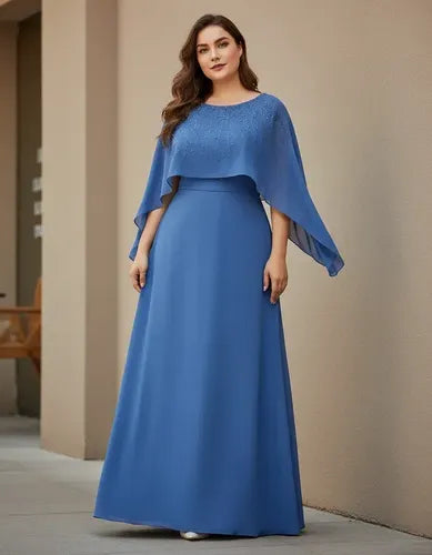 Vestido largo de fiesta azul de gasa talla grande