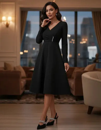 Vestido Vintage Línea A  Cuello Cruzado Manga Larga Va 481