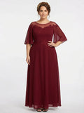 Vestido largo evasé bordó manga 3/4, talla grande