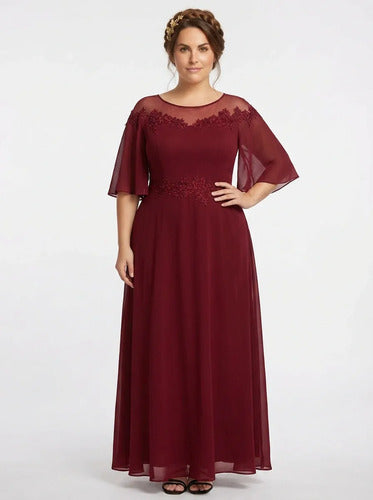Vestido largo evasé bordó manga 3/4, talla grande