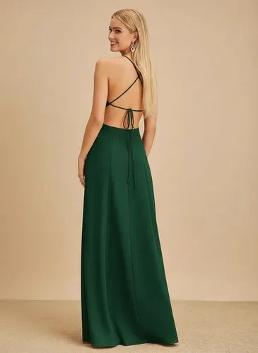 Vestido largo verde halter espalda abierta