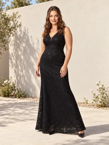 Vestido largo de fiesta negro y rojo de encaje
