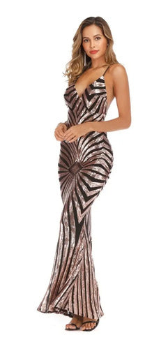 Vestido Fiesta Largo Negro Dorado Lentejuelas  Vl 27