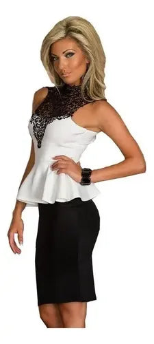 Vestido Blanco Encaje Negro Peplum Va 65 Negro M