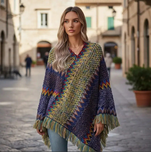 Poncho Tejido Chal De Punto Tapado Mujer