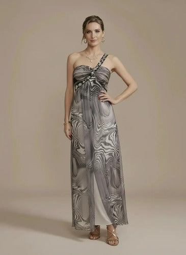 Vestido largo asimétrico de gasa gris para gala