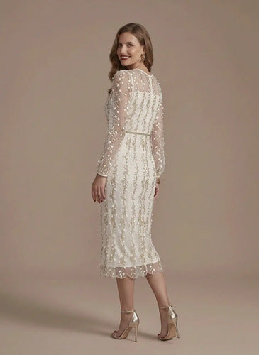 Vestido midi blanco y negro evasé manga larga