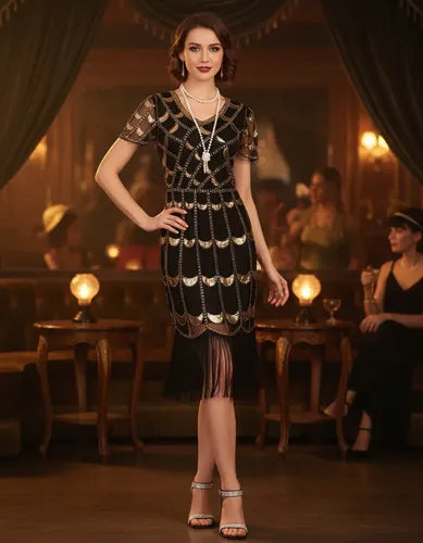 Vestido midi charlestón años 20 negro y dorado