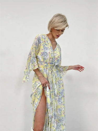 Vestido Largo Gasa Con Flores Vintage Femenino Vd 117