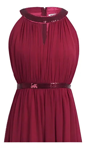 Vestido largo bordó halter de gala en gasa
