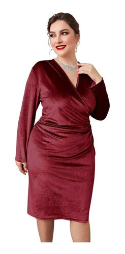 Vestido Fiesta Cuello Cruzado Talla Grande Manga Vg 103 Bordó 4xl