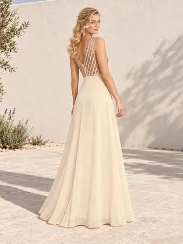 Vestido largo dorado y verde lentejuelas escote V