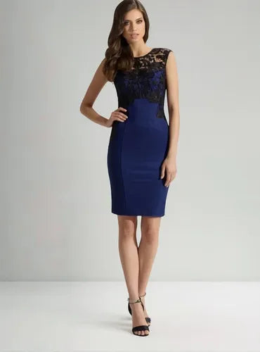 Vestido Azul Encaje Negro Formal Ajustado Va 552 Azul L