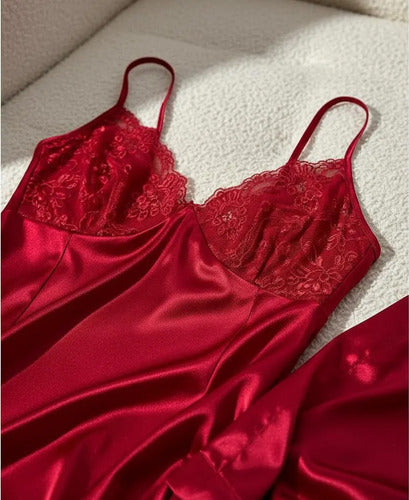 Camisón Y Bata Satín Lencería Set De Pijama Babydolls Pj 11 Burdeo M
