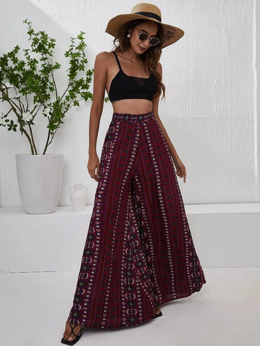 Pantalón Mujer Pierna Ancha Estampado Pt 12 Burdeo Xs