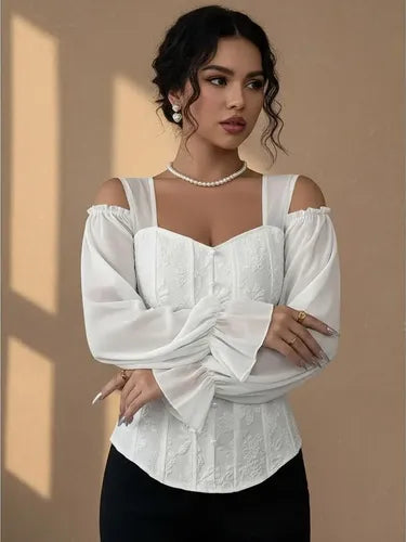 Blusa Top Mujer Hombros Descubiertos Mangas Bb 63 Blanco M