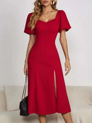 Vestido Ajustado Largo Vintage Manga Farol  Va 496 Rojo S