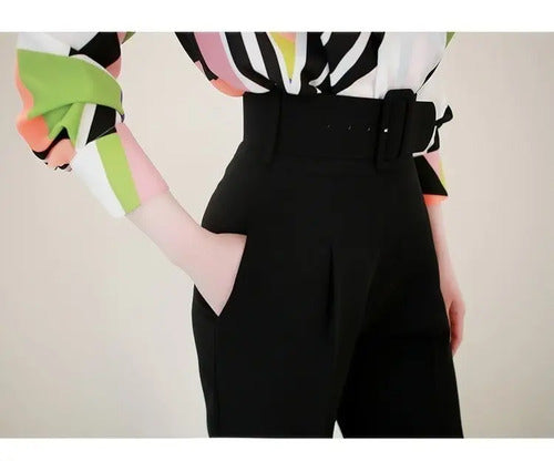 Entero Blusa Pantalón Negro Fiesta Con Cinturón Hq 29 Negro S