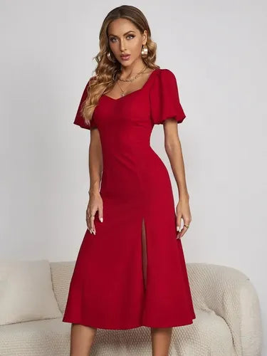 Vestido Ajustado Largo Vintage Manga Farol  Va 496 Rojo S